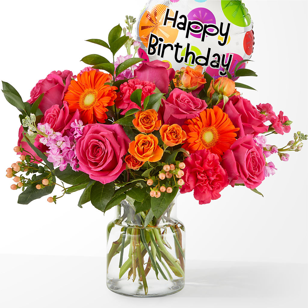 Fiesta Bouquet with Birthday Balloon – Semper Fi Florist, Oceanside CA