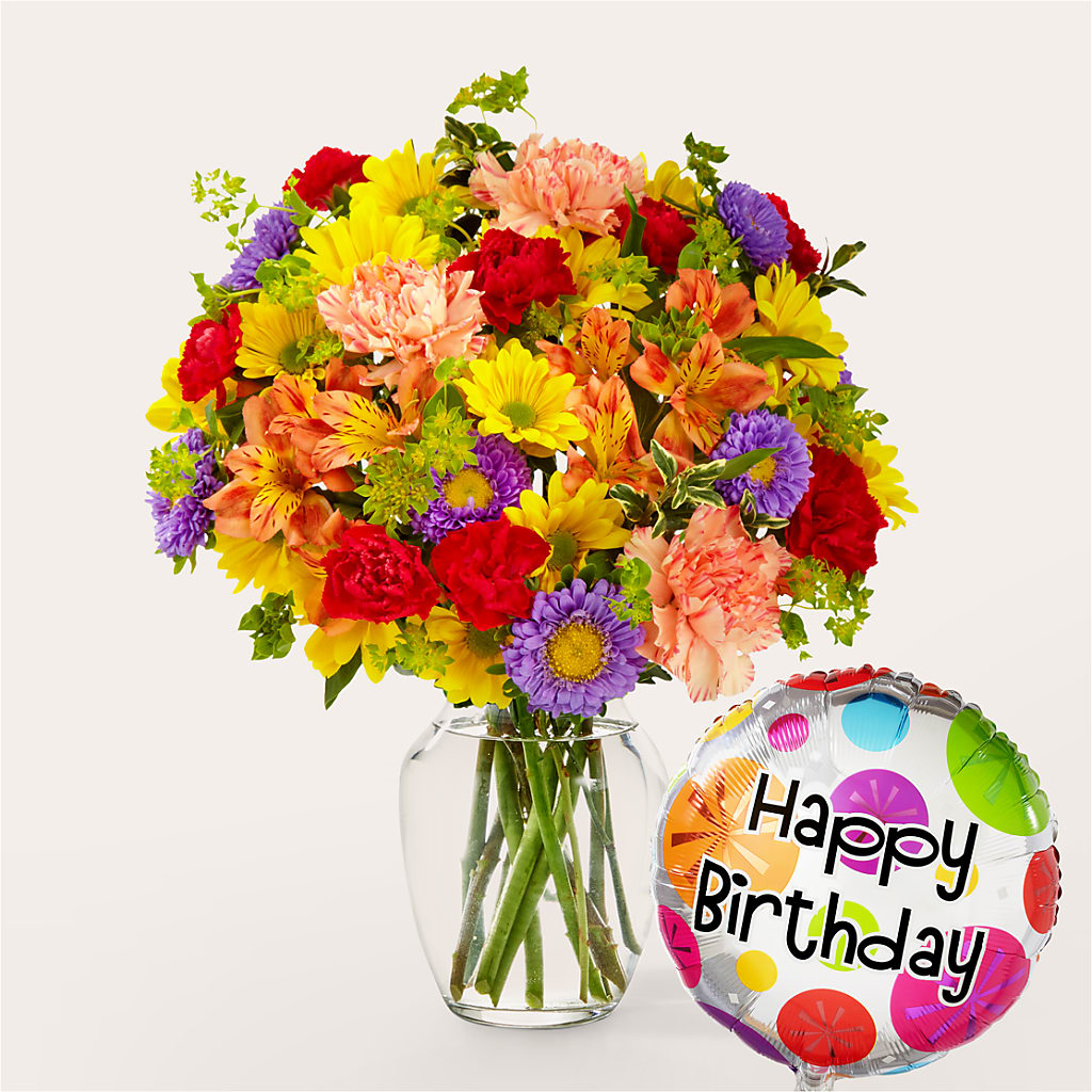 Kaleidoscope Bouquet with Birthday Balloon – Semper Fi Florist, Oceanside CA