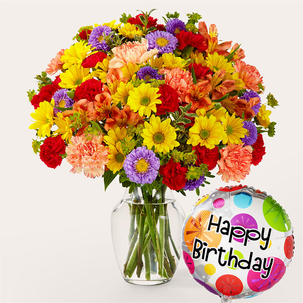 Kaleidoscope Bouquet with Birthday Balloon – Semper Fi Florist, Oceanside CA