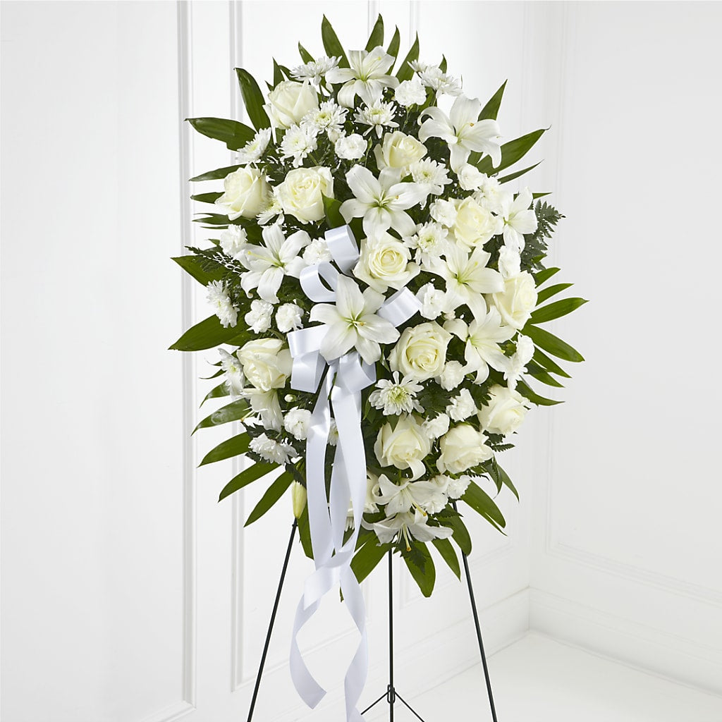 Exquisite Tribute Standing Spray-White Ribbon – Semper Fi Florist, Oceanside CA