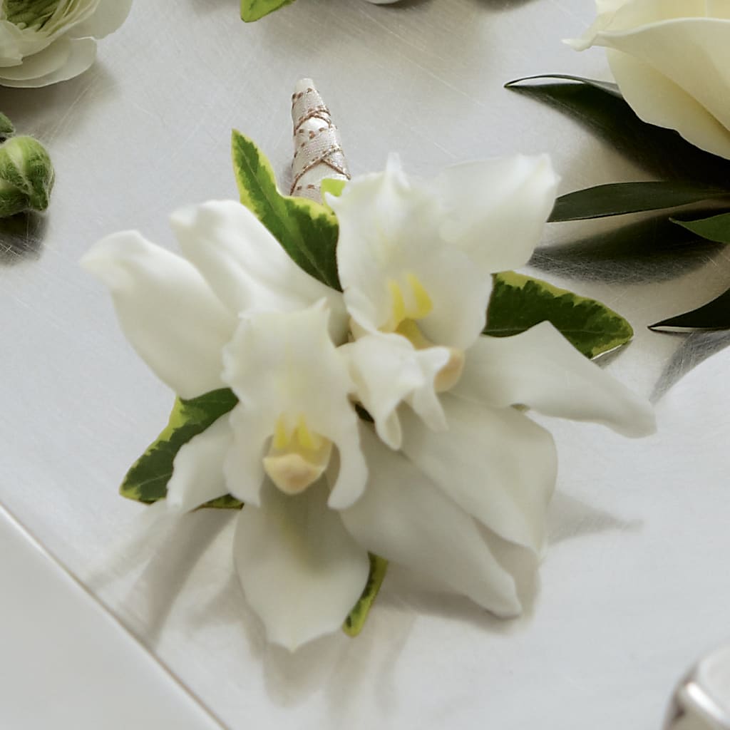 White Mini Cymbidium Boutonniere – Semper Fi Florist, Oceanside CA